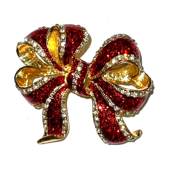 New MACY'S Retired Bow Holiday Lane Brooch Rhinestone CZ Pin Boxed $25 - Picture 2 of 4